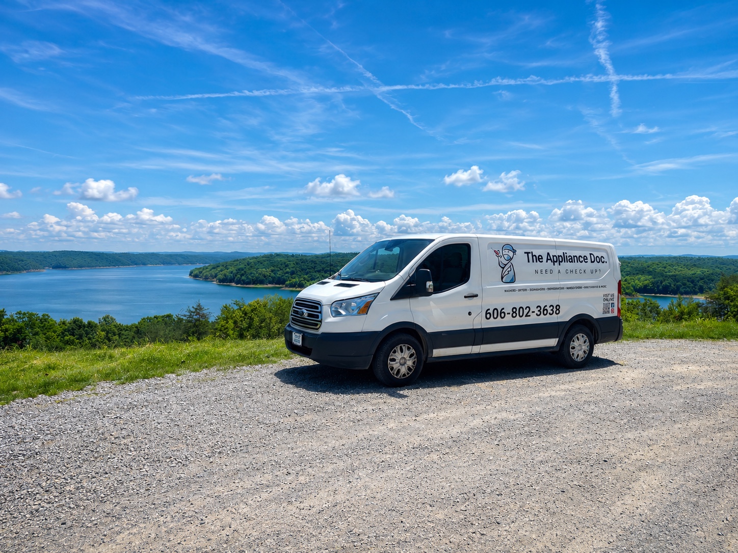The Appliance Doc service van overlooking a Kentucky lake